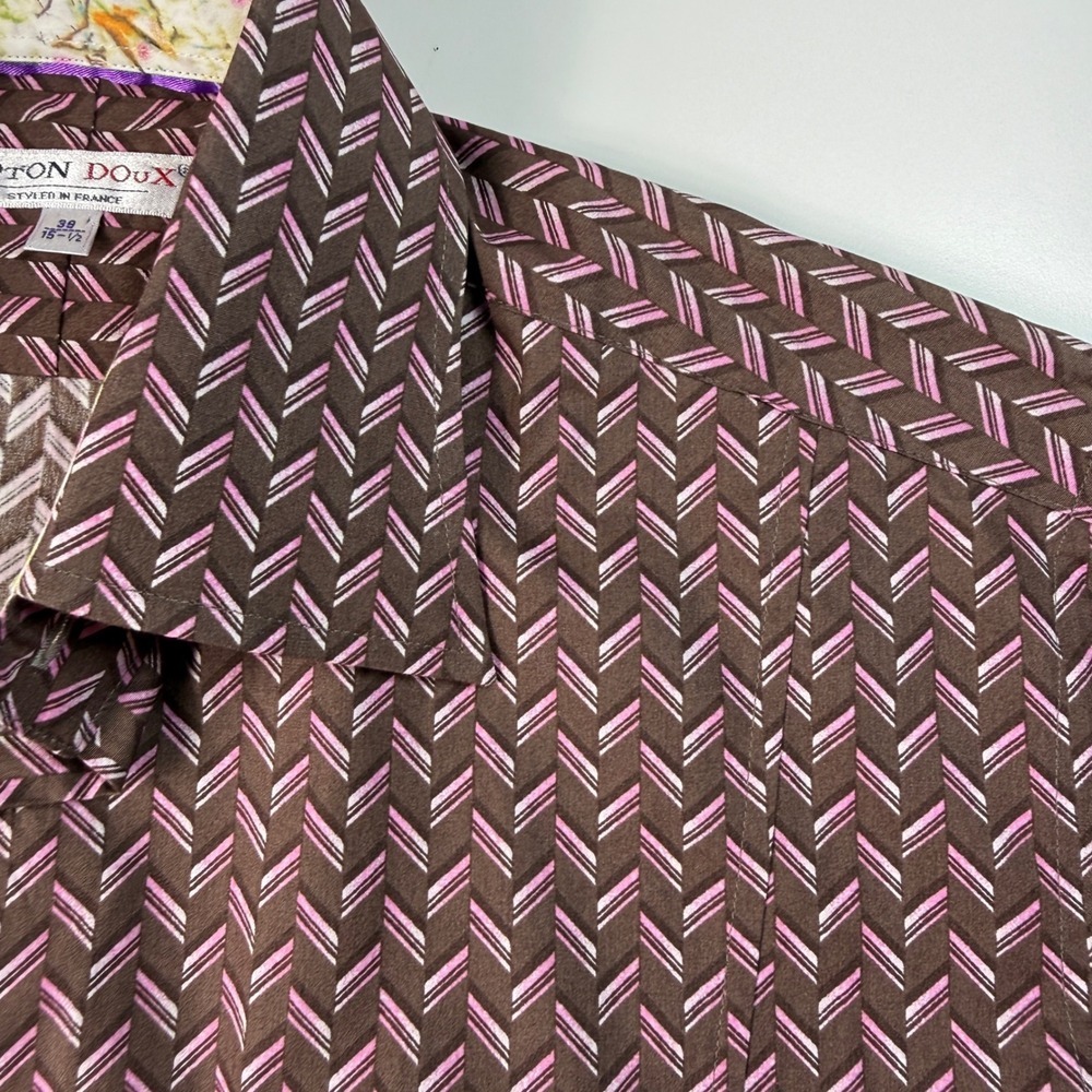 Coton Doux Mens Sz 15.5 Shirt Brown Geometric Floral Contrast Luxury Button Up